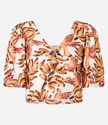 Blusa Cropped Texturizada com Busto Torcido e Estampa Bananas