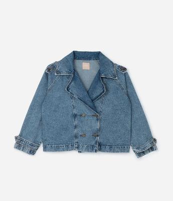 Jaqueta Trench Coat em Jeans com Botões Transpassados Curve & Plus Size