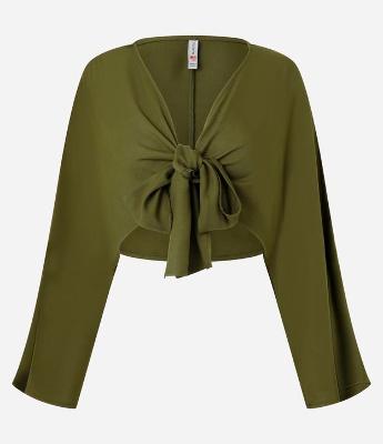 Blusa Cropped em Twill com Amarração Frontal e Manga Ampla