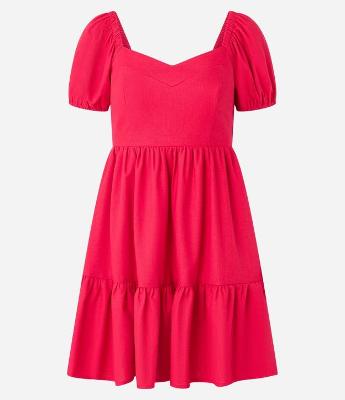 Vestido Curto em Viscose com Linho e Manga Bufante