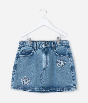 Saia Infantil em Jeans com Bordado de Flores - Tam 5 a 14 Anos