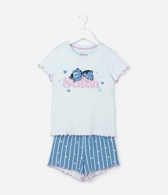 Pijama Infantil em Ribana com Estampa do Stitch - Tam 5 a 14 Anos