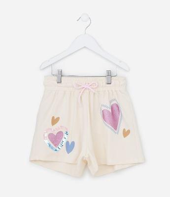 Short Infantil com Bordado Corações em Paetês - Tam 5 a 14 Anos