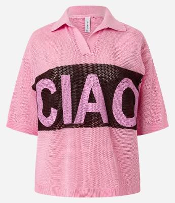 Camiseta Over em Tricô com Gola Polo e Lettering Ciao