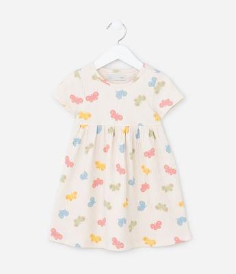 Vestido Infantil Canelado com Estampa Borboletas - Tam 1 a 6 Anos