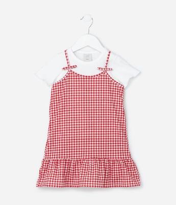 Vestido Infantil com Sobreposição e Estampa Xadrez - Tam 1 a 6 Anos