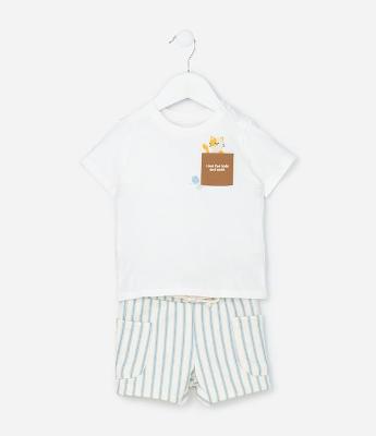 Conjunto Infantil com Bolsinho e Estampa Gatinho - Tam 0 a 18 meses