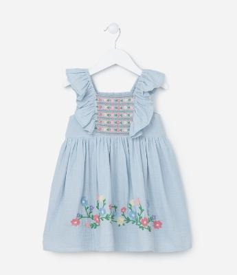 Vestido Infantil com Babado e Bordado Floral - Tam 1 a 6 Anos