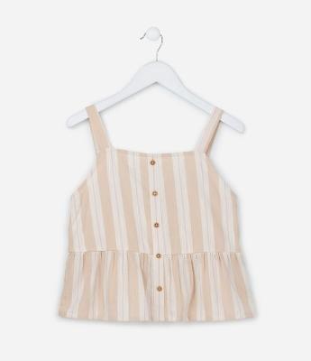 Blusa Bata Curta Infantil com Botões e Estampa Listrada - Tam 5 a 14 Anos