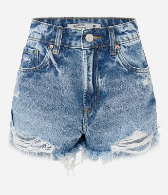 Short Slim em Jeans com Cintura Alta e Barra Desfiada