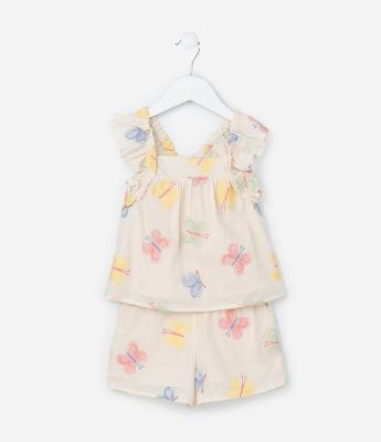 Conjunto Infantil em Tricoline com Bordado Borboletas - Tam 1 a 6 Anos