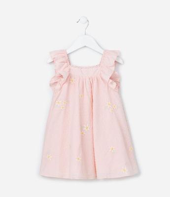 Vestido Infantil em Tricoline com Bordado Margaridas - Tam 1 a 6 Anos
