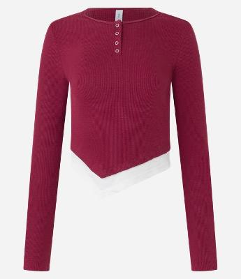 Blusa em Ribana com Botões Frontais e Barra Assimétrica Sobreposta