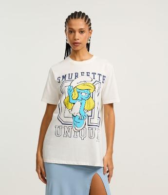 Camiseta Alongada em Algodão com Estampa Smurfette Esportiva