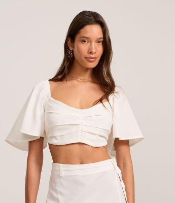 Blusa Cropped em Viscolinho com Pregas e Lastex nas Costas