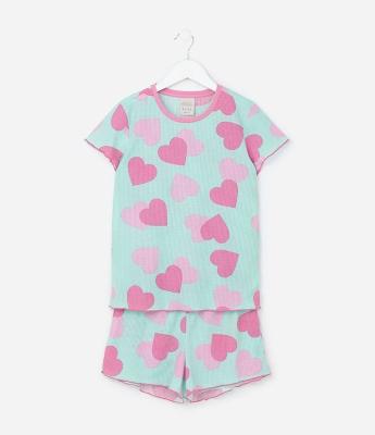 Pijama Infantil em Ribana com Estampa Corações - Tam 5 a 16 Anos