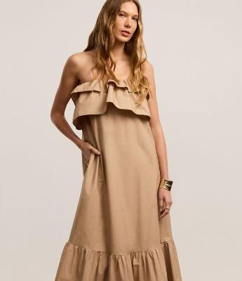 Vestido Evasê Ombro a Ombro em Tricoline Barra Franzida