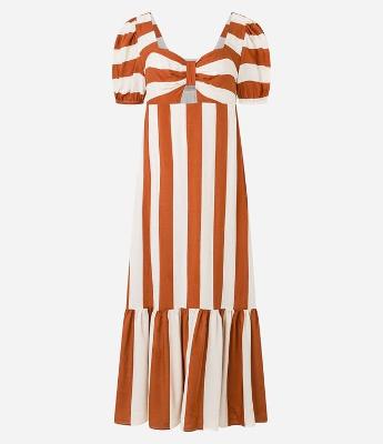 Vestido Longo em Viscose com Listras e Manga Bufante