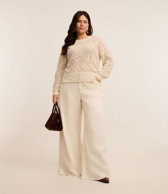 Calça Wide Leg em Sarja com Barra Desfiada Curve & Plus Size