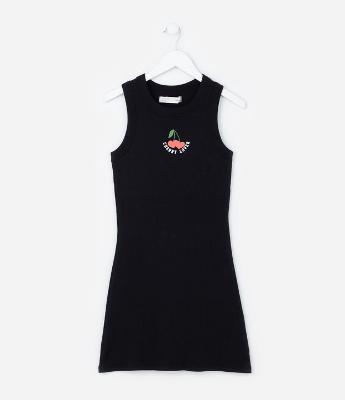 Vestido Infantil em Ribana com Estamoa Cereja - Tam 5 a 14 Anos