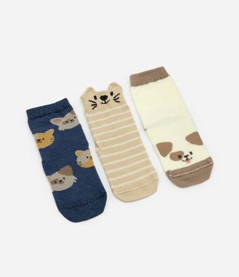 Kit 03 Meias Infantis em Algodão Peluciado com Estampa de Bichinhos - Tam 0 A 12 Meses