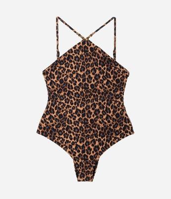 Maiô Halter em Microfibra com Estampa Animal Print Onça e Aviamento de Madeira