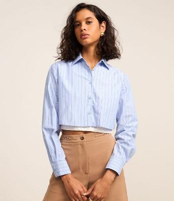 Camisa Cropped Listrada em Tricoline com Fio TInto