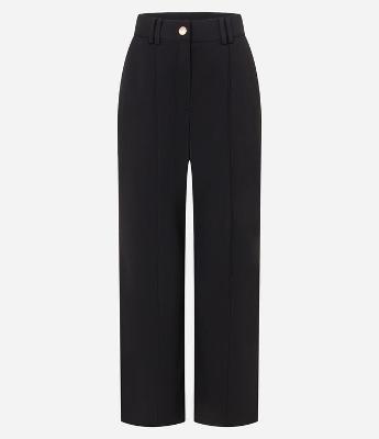 Calça Wide Cintura Baixa em Crepe com Frisos
