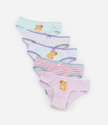 Kit 05 Calcinhas Infantis com Estampa Capivara - Tam 2 a 10 Anos