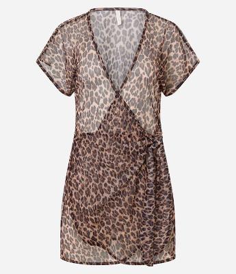 Saída de Praia Bata em Tule Animal Print Onça com Amarração Lateral