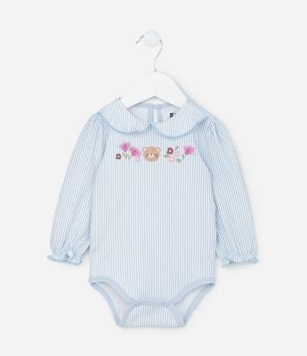 Body Infantil com Gola Boneca e Estampa Listrada - Tam 0 a 18 meses