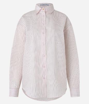 Camisa Oversized em Tricoline com Listras em Fio Tinto