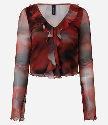 Blusa em Tule com Estampa Abstrata e Decote V com Babados
