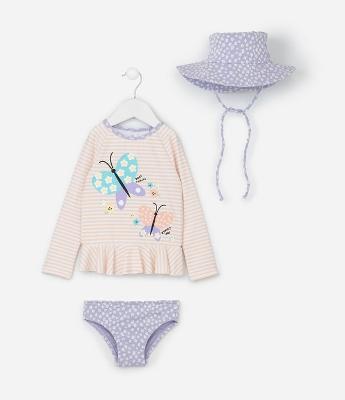 Conjunto Infantil com Proteção UV e Estampa de Borboletas e Textura de Flores - Tam 2 A 4 Anos