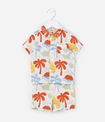 Conjunto Infantil em Tricoline Estampado de Dinossauro e Palmeira - Tam 0 a 18 meses