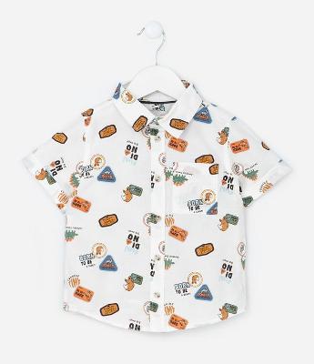 Camisa Infantil com Bolso e Estampa de Dinos - Tam 1 a 6 Anos