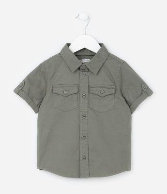 Camisa Infantil em Sarja e Bolsos com Lapela - Tam 1 a 6 Anos