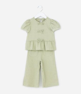 Conjunto Infantil Texturizado com Lacinhos e Calça Wide Leg - Tam 1 a 6 Anos