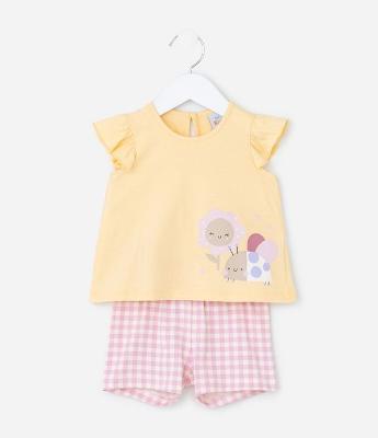 Conjunto Infantil em Algodão Estampa de Flor e Besourinha - Tam 0 A 18 Meses