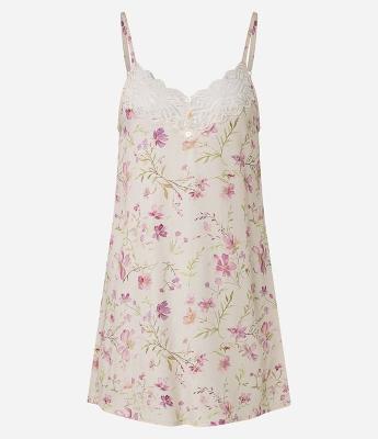 Camisola Curta em Cetim com Estampa Floral e Renda