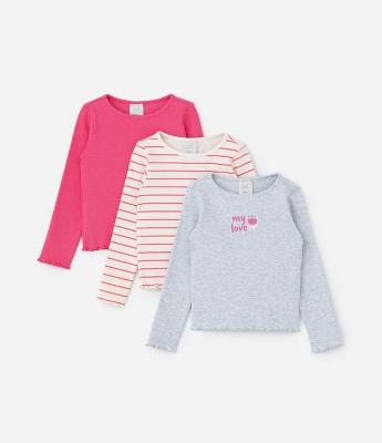 Kit 03 Blusas Infantil em Ribana de Manga Longa - Tam 1 a 5/6 Anos