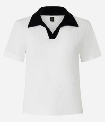 Blusa Canelada em Ribana com Gola Polo Contrastante