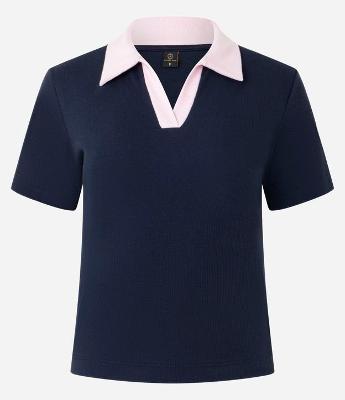 Blusa Canelada em Ribana com Gola Polo Contrastante