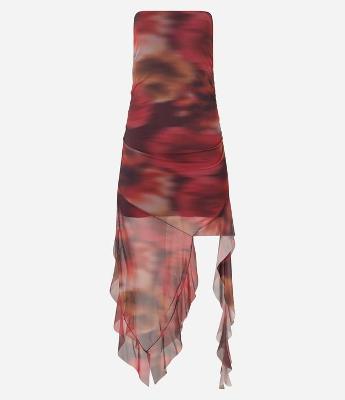 Vestido Justo em Tule com Estampa Abstrata e Pontas Alongadas