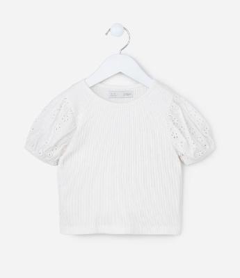 Blusa Infantil em Ribana com Broderie na Manga - Tam 1 a 6 Anos