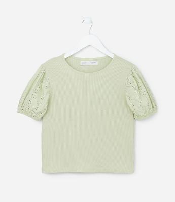 Blusa Infantil em Ribana com Broderie na Manga - Tam 5 a 14 Anos