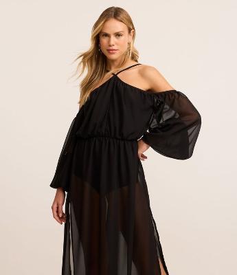 Vestido Longo em Tule Ombro a Ombro com Forro de Macaquinho