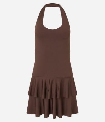 Vestido Curto em Malha com Colarinho Pregueado e Babados na Saia