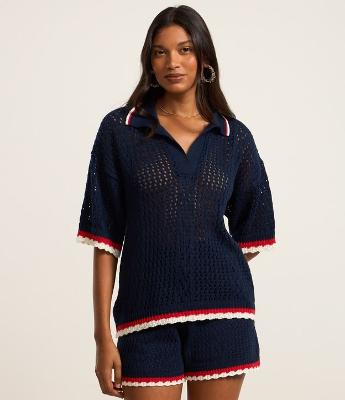 Blusa em Tricô com Ponto Aberto e Listra Contrastante