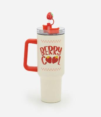Copo de Metal com Canudo Reutilizável com Estampa Morango 1,2l